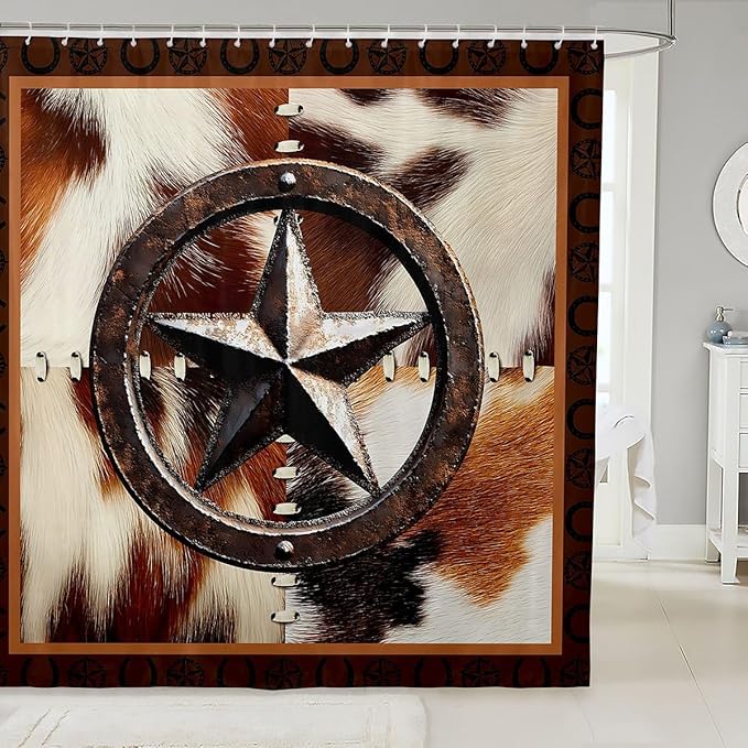 Feelyou Farmhouse Cowhide Shower Curtain for Kids Boys Girls Cow Fur Star Print Bathroom Shower Curtain Set Western Farm Animal Skin Bath Curtain Decor Grid Brown Kids Bathroom Accessories 72"x84"