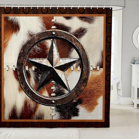 Feelyou Farmhouse Cowhide Shower Curtain for Kids Boys Girls Cow Fur Star Print Bathroom Shower Curtain Set Western Farm Animal Skin Bath Curtain Decor Grid Brown Kids Bathroom Accessories 72"x72"
