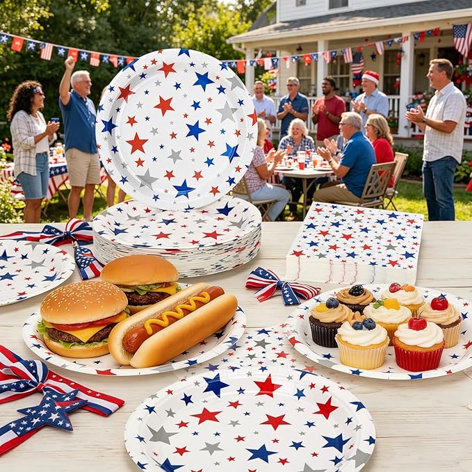 100Pcs 4th of July Plates and Napkins,Patriotic Party Tableware Set | 50*9inch Plates | 50*6.5inch Napkins,250th Anniversary Red Blue Silver Stars for Independence Day Veterans&Memorial Day Decoration
