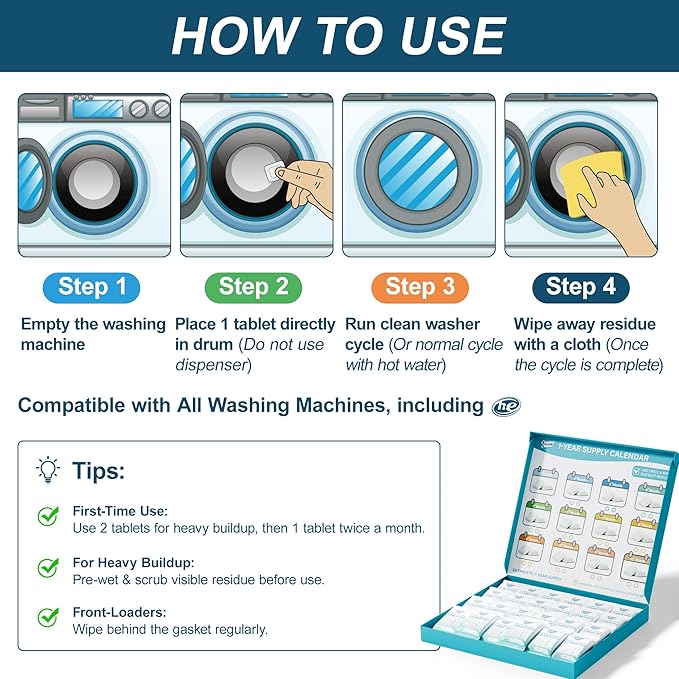 Washing Machine Cleaner Pet-Hair-Remover for Laundry, Cleaning Supplies for Odors and Grime, Safe for Pets, 24 Tablets, 1 Year Supply
