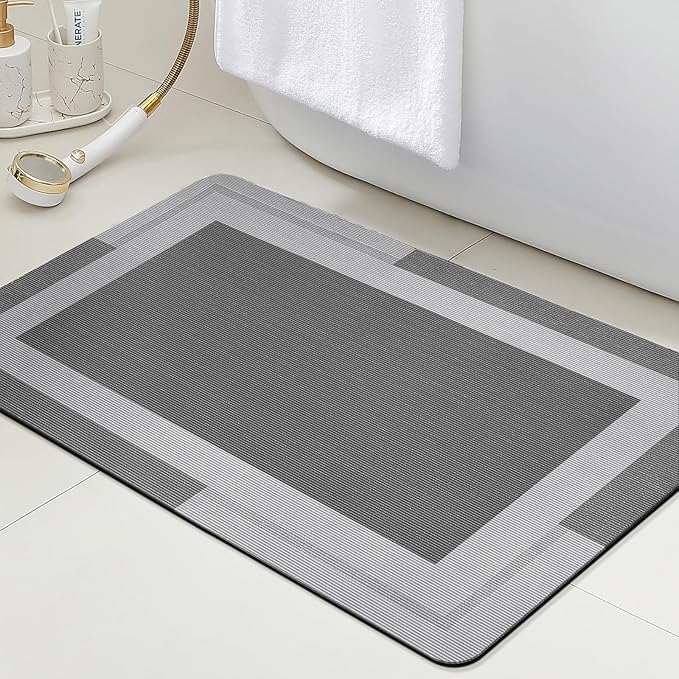 ACCUMTEK Non Slip Bath Mat, Thin Bathroom Rugs Fit Under Door, Quick Dry Bath Mats, Machine Washable Bath Rugs for Bathroom, Bathtub & Kitchen, Grey/Bordered/32 x20