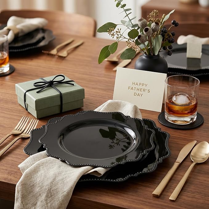COLOSUS 60pcs Black Plastic Plates Set,Heavy Duty Black Disposable Plate for Party,Include 30PCS 10.5inch Dinner Plates and 30PCS 8.25 inch Dessert Plates for Father's Day/Wedding/Birthday