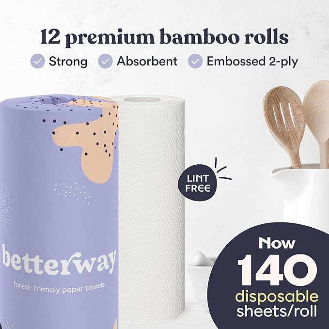 Betterway Bamboo Paper Towels 12 Pack - Non Toxic, Eco Friendly, PFAS Free - 140 Sheets/Roll, 2-Ply, No Plastic, No Dyes, Compostable, Sustainable, Strong & Absorbent, FSC Certified, Natural, White