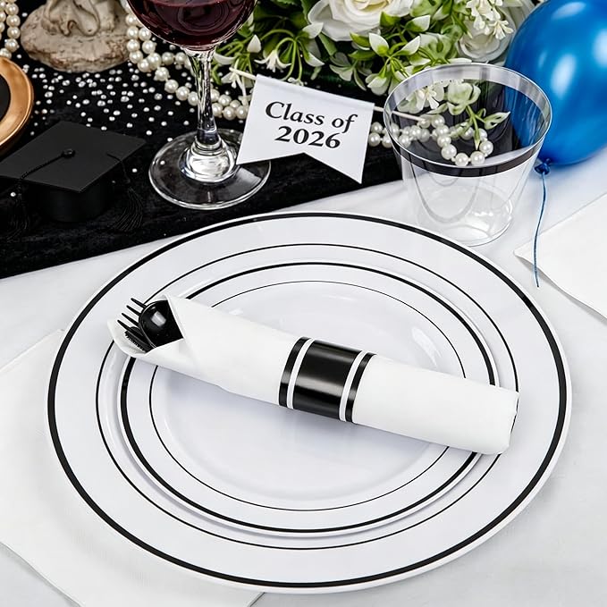 WELLIFE 210Pcs Black Plastic Dinnerware with Pre Rolled Napkins, Include:30 Dinner Plates, 30 Dessert Plates, 30 Paper Napkins, 30 Cups, 90 Plastic Cutlery