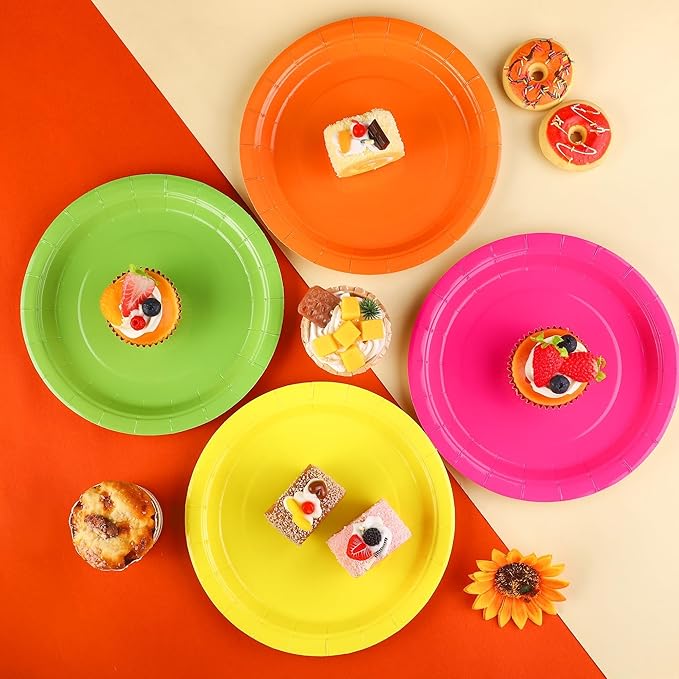 Kochorie 60 Pieces Neon Disposable Paper Plates 9 Inch Heavy Duty Dinner Plates, Solid Color, Table Decorations Party Supplies for Birthdays, Weddings, Daily Use
