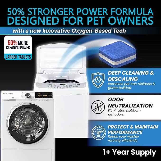 Washing Machine Cleaner New Ultra Pro Tablets 50% Stronger Formula for Pet - 28 Pack, HE Front & Top Load, Washer Deep Cleaning, Remove Tough Pet Hair, Odors, Residue & Grime, No Dander Build-up