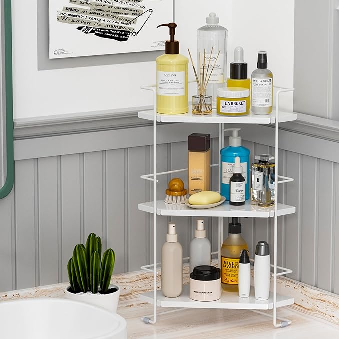 BOIVSHI 3-Tier Bathroom Countertop Organizer, Bathroom Organizers and Storage for Bathroom, Kitchen Counter, Corner Storage Shelf for Bedroom Storage Makeup Skincare Perfume (White)