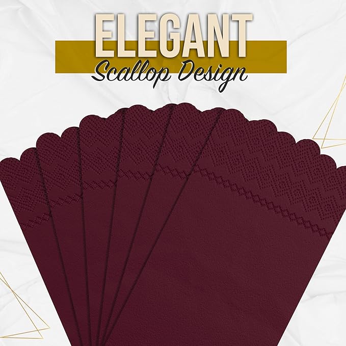 Party Solids Burgundy Scalloped Napkins Disposable 20 Pcs 3-Ply Burgundy Scalloped Dinner Napkins Disposable Decorative for Dinners & Parties, Paper Guest Towels for Bathroom & Party Supplies