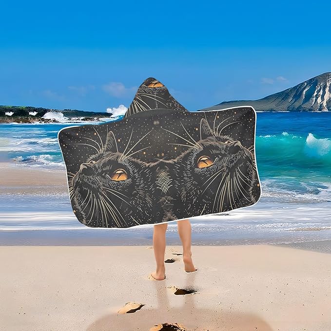Hooded Towel for Kids Black Cat Looking Up Sky Beach Wrap Bath Towels 50x23.5in