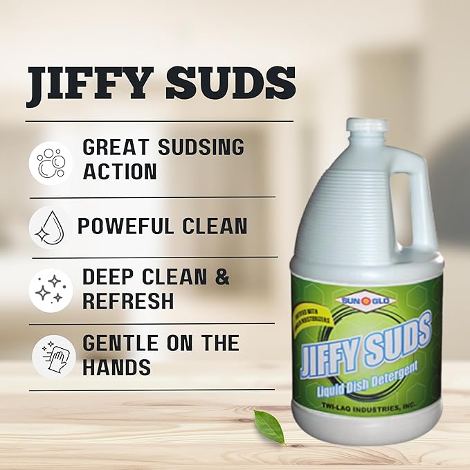 Sun-Glo Jiffy Sudz - Your Essential Dishwashing Liquid for Sparkling Dishes & Glassware. Gentle on Hands. (4x1 Gallon Case)