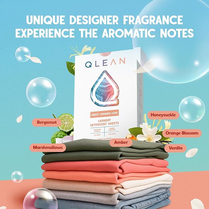 QLEAN Laundry Detergent Sheets Sweet Summer (40 Loads) – Travel-Size Plant-Based Laundry Sheets, Biodegradable, HE Compatible, Hypoallergenic for Sensitive Skin, Eco-Friendly Detergent Strips
