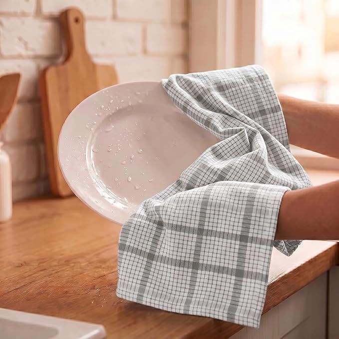 Urban Villa Kitchen Towels 100% Cotton Dish Towels for Kitchen (Set of 6) 20”x30” Dish Cloths Absorbent Kitchen Linen Set with Hanging Loop Perfect for Drying Dishes Cleaning – Tiny Check