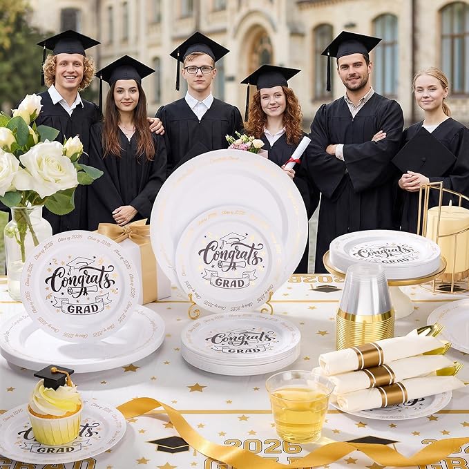 Goodluck 350 Piece Graduation Gold Plastic Dinnerware Set for 50 Guests, Congrats Grad Disposable Plates Include: 50 Dinner Plates, 50 Dessert Plates, 50 Cups, 50 Pre Rolled Napkins with Silverware