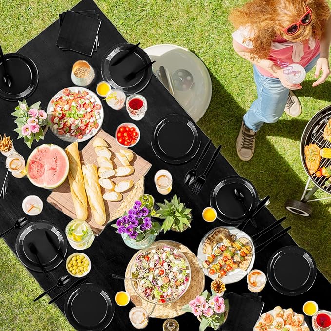 229PCS Black Party Supplies Set Paper Disposable Plates Cups Plastic Spoons Forks Knives Black Napkins for 30 Guests Disposable Party Dinnerware Sets for Wedding Birthday Parties