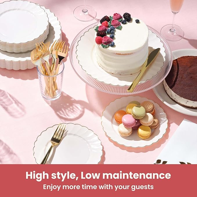 By Madee HEAVYWEIGHT 100 Pc Fancy Disposable Plates Set | Ivory Scalloped Premium Disposable Plates with Rose Gold Trim | 50 Dinner & 50 Dessert Plates (50 Guests)