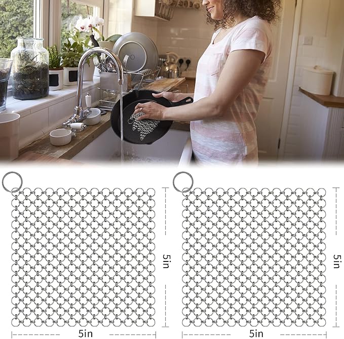2pcs 5”x5“ Chain Mail Cast Iron Cleaner Scrubber, 316 Chainmail Scrubber Cast Iron Skillet Cleaning Brush, Chainmail Scrubbing Metal Scrub Tool to Clean Dutch Oven Carbon Steel Wok Grill Pan Pot