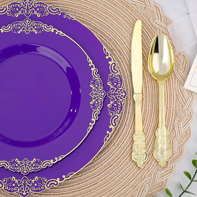 Realluck 350 PCS Purple and Gold Plastic Plates, Plastic Dinnerware Set for 50 Guests, 100 Disposable Plates, 150 Silverwares, 50 Cups, 50 Napkins for Party, Wedding, Graduation