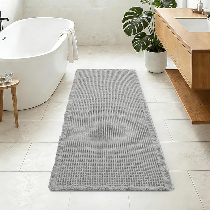 DWCN Grey Waffle Bathroom Mat, Boho Bath Rugs Super Absorbent Non Slip Bath Mats for Bathroom Floor, Ultra Soft Farmhouse Rubber Backed Shower Mats for Tub and Shower, 24 x 60 Inch