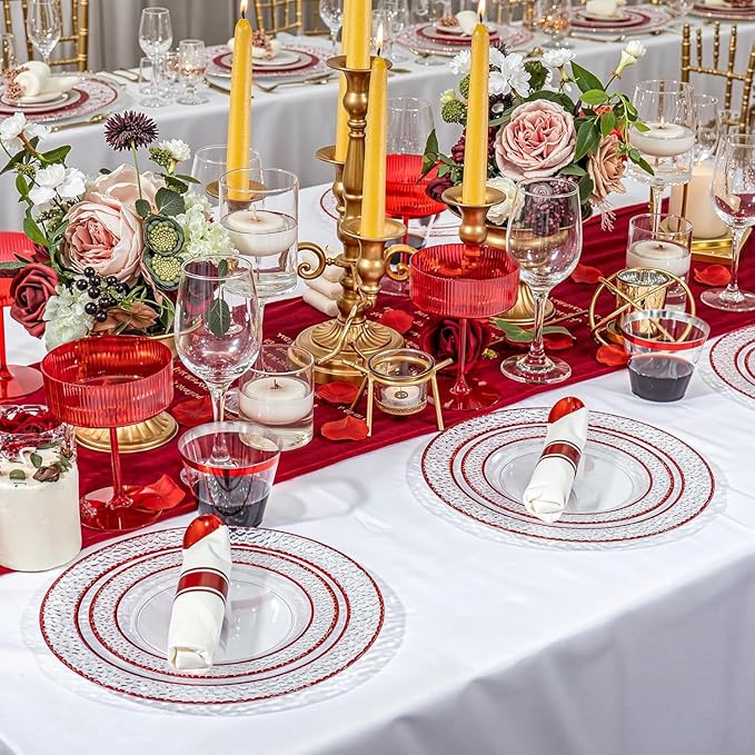 Ciaell 350 PCS Clear and Red Plastic Plates – Red Dinnerware Set for 50 Guests Include 100 Plastic Plates, 50 Pre Rolled Napkins with Cutlery Set, 50 Cups for Wedding & Party