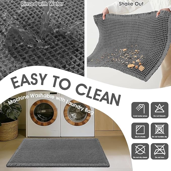 Upgraded Waffle Bath Mat Set 3 Piece Grey, Super Absorbent Non-Slip Quick Dry Bathroom Rugs with Tassels, Machine Washable Ultra Soft Boho Bath Rugs for Floor, Toilet Mats Boho Farmhouse Decor