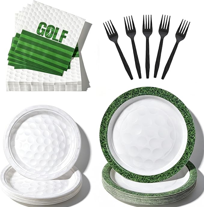 100 Pcs Golf Party Supplies for 25 Guests, Heavy-Duty 7" & 9" Paper Plates, 2-Ply 13" Napkins & Plastic Forks, Disposable Golf Themed Tableware Set for Game Day and Birthday