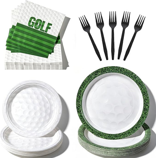 100 Pcs Golf Party Supplies for 25 Guests, Heavy-Duty 7" & 9" Paper Plates, 2-Ply 13" Napkins & Plastic Forks, Disposable Golf Themed Tableware Set for Game Day and Birthday