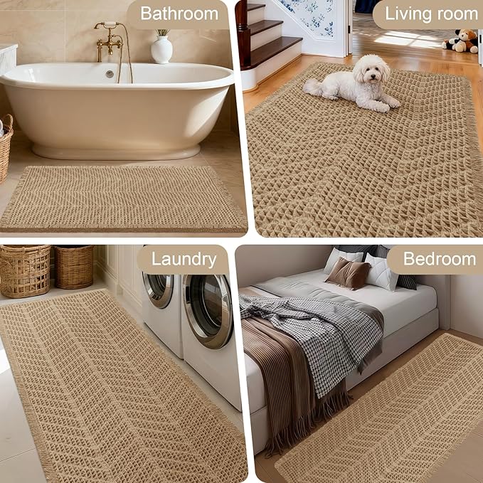 Upgraded Waffle Bath Mat, 36"x24" Beige-Herringbone, Super Absorbent Non-Slip Quick Dry Bathroom Rugs with Tassels, Machine Washable Ultra Soft Boho Bath Rugs, Toilet Mats Boho Farmhouse Decor