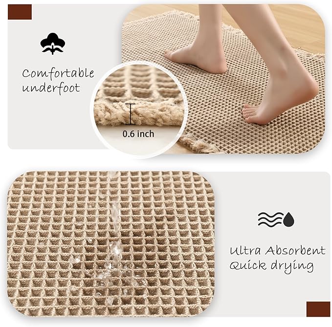 DWCN Waffle Bathroom Mat Set, Super Absorbent Non Slip Bath Rug Set for Bathroom Floor, Shower Mats 2 Pcs for Tub, Washable Kitchen Rugs for Farmhouse Boho Home Decor, 24 x 16 Inch, Brown
