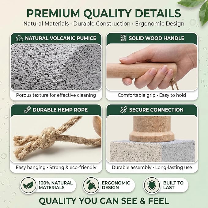 2-in-1 Natural Pumice Stone: Foot File & Multi-Surface Cleaner for Toilet, Tile, Bathroom – Removes Hard Water Rings, Rust, Calluses – Hygienic No-Touch Use, Non-Scratch, Shapeable – 2 Pack