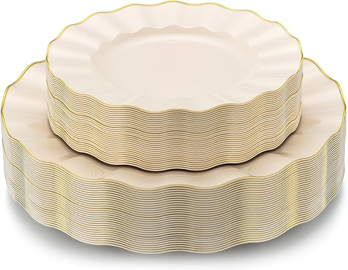 60Pcs Heavy Weight Ivory Plastic Plates with Gold Trim, Heavy Duty Wedding Plates, Elegant Disposable Plate Sets include 30 Dinner & 30 Dessert Plates for Party & Wedding(30 Guests)