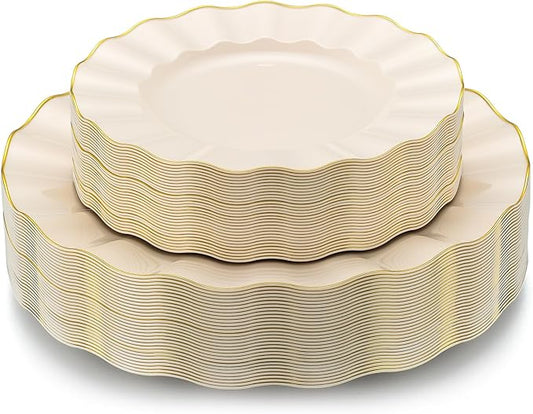 60Pcs Heavy Weight Ivory Plastic Plates with Gold Trim, Heavy Duty Wedding Plates, Elegant Disposable Plate Sets include 30 Dinner & 30 Dessert Plates for Party & Wedding(30 Guests)