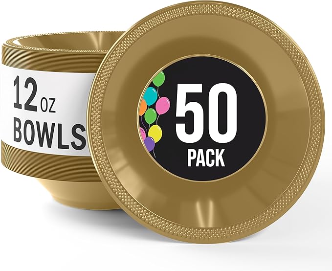 Party Solids 12 Oz Gold Plastic Bowls Disposable Bowls for Hot Food Soup 50 Pcs - For Soup, Salad, Cereal, Desserts & Party Supplies