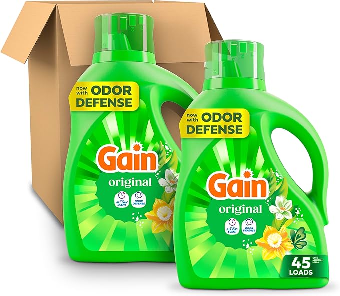 Gain Liquid Laundry Detergent with Odor Defense, Original Scent, Laundry Soap For HE Washing Machines, 60 fl oz, 45 Loads, Pack of 2 (Packaging May Vary)