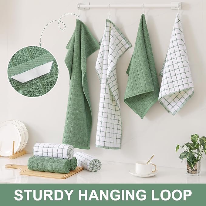 Homaxy Premium Cotton Kitchen Towels 16"x 28", Large Natural Ring Spun 390 GSM Dish Towels, Super Absorbent Terry Kitchen Hand Towels, Soft Tea Towels with Hanging Loop, Pure Grass Green, 4 Pack