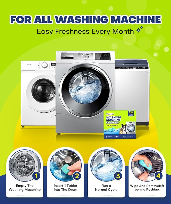 2X Power Deep Cleaning Washing Machine Cleaner Tablets, No More Odor & Pet Fur Enzyme Washing Machine Cleaning Tablets, Washer Cleaner For HE Top Front Load, Septic Safe, 24 Counts/1 Year Supply