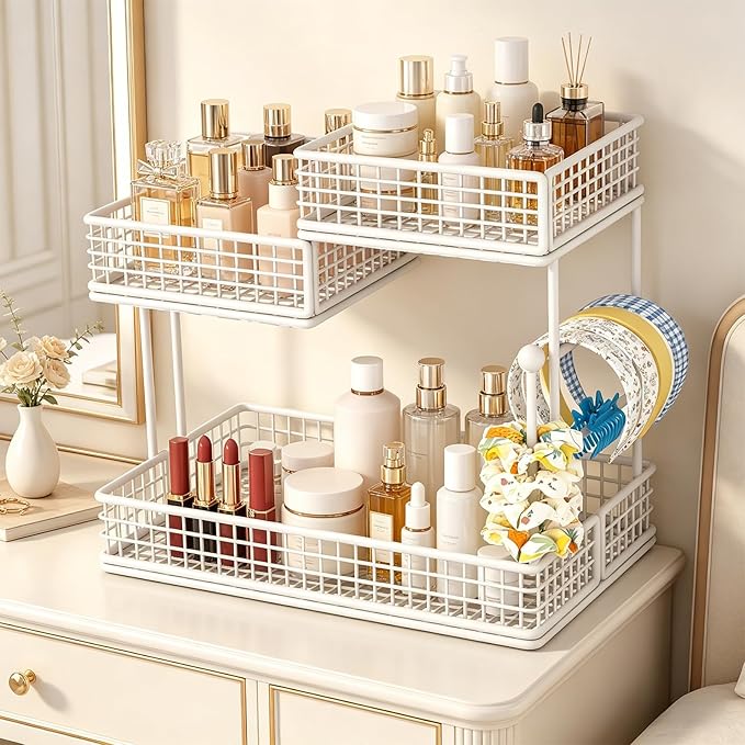 3-Tier Metal Bathroom Countertop Organizer, Makeup Organizer for Vanity Countertop, Bathroom Shelf for Skincare, Perfume & Cosmetics, Multipurpose Storage Rack for Kitchen, Bedroom & Office (White)