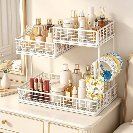 3-Tier Metal Bathroom Countertop Organizer, Makeup Organizer for Vanity Countertop, Bathroom Shelf for Skincare, Perfume & Cosmetics, Multipurpose Storage Rack for Kitchen, Bedroom & Office (White)
