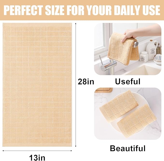 Homaxy 100% Cotton Terry Kitchen Towels(Apricot, 13 x 28 inches), Checkered Designed, Soft and Super Absorbent Dish Towels, 4 Pack