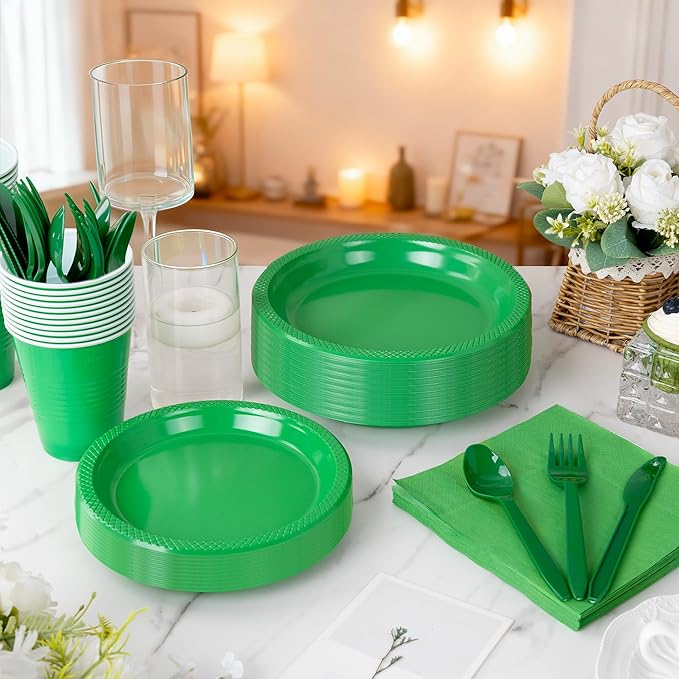 WELLIFE 210 PCS Green Plastic Plates for 30 Guests - Disposable Dinnerware Set Including Dinner Plates, Dessert Plates, 12oz Cups, Cutlery & Napkins, Green Party Plates
