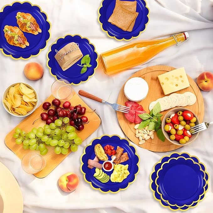 50 Pcs Royal Blue Paper Plates, 25 Pcs 9" and 25 Pcs 7" Disposable Royal Blue Scalloped Plates with Gold Foil for Graduation Wedding Baby Shower Birthday Party Picnic BBQ