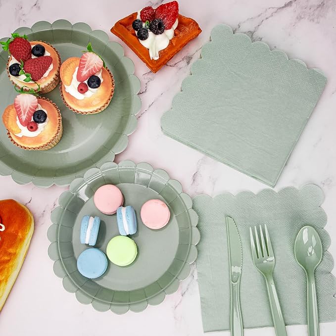 168 Pcs Sage Green Paper Plates and Napkins, Sage Green Party Supplies Include Scalloped Plate Napkins Cups Forks Knives Disposable Plastic Cutlery for Wedding, Baby Shower Birthday Party