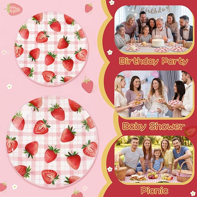 Liacere 32Pcs Strawberry Plastic plates - Strawberry Checkered Disposable Tableware - 16 Dessert Plates, 16 Dinner Plates, Ideal for Spring Picnics, Parties, Birthdays, and Gatherings