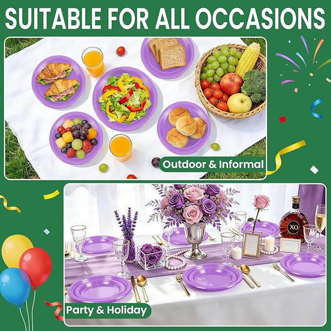 LANLISA 50 Pcs Lavender Plastic Plates For Party, 25-9" & 25-7" Disposable Cake Dessert Plates For Birthday, Baby Shower, Easter, Mothers Day Dinner