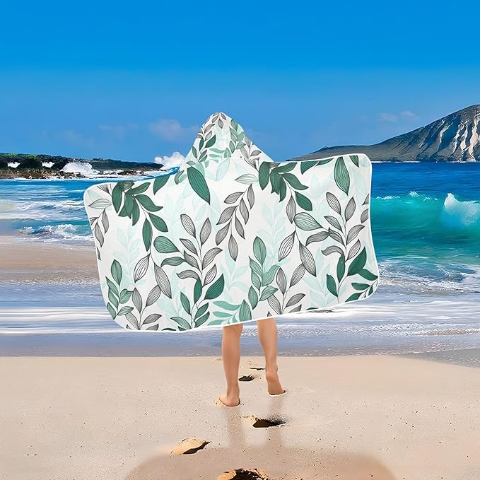CEBUGI Dark Green Leaves Hooded Bath Towel for Kids Absorbent Soft Bath Towel Wrap with Hood 50x23.5in Pool Beach Shower Towel for Boys Girls