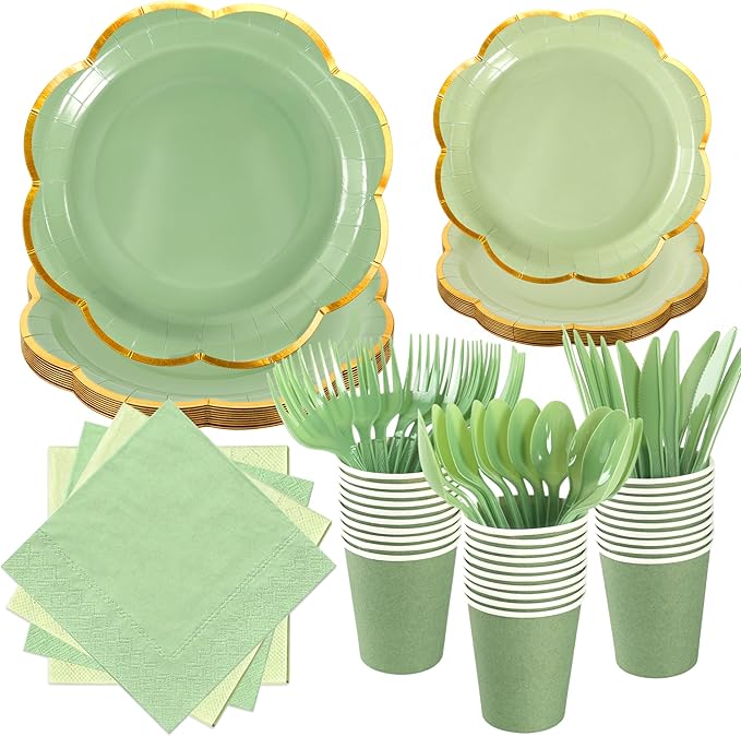 Sage Green Paper Plates and Napkins Party Supplies Serves 50,Green Scalloped Party Plates with Gold Rim,350Pcs Disposable Plates and cups and napkins for Spring Birthday Party Bridal Baby Shower
