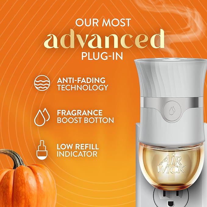 Air Wick Plug in Scented Oil Refill, Infused with Essential Oils, Plug in Air Fresheners for Home, Fall Scent, Fall Décor, Harvest Pumpkin & Spice, 5 ct