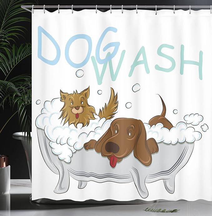 Ambesonne Cartoon Shower Curtain, Playful Dogs in a Bathtub Grooming Each Other Pets Theme Illustration, Cloth Fabric Bathroom Decor Set with Hooks, 69" W x 70" L, Brown White