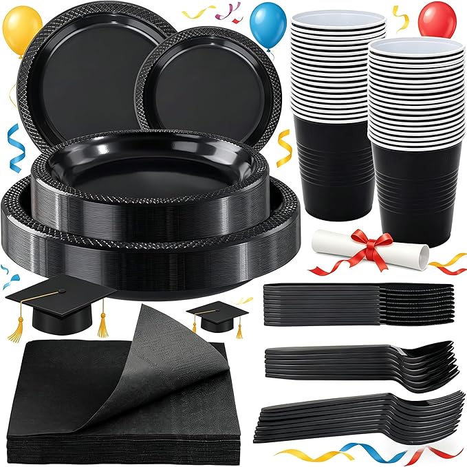 WELLIFE 210 PCS Black Plastic Plates for 30 Guests - Disposable Dinnerware Set Including Dinner Plates, Dessert Plates, 12oz Cups, Cutlery & Napkins, Black Disposable Plates for Party and Birthdays