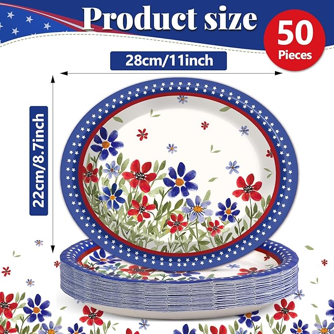 CHUNNIN 50 Pcs Memorial Day Oval Paper Plates Patriotic 4th of July Party Supplies Poppy Flower Summer Independence Day American Disposable Plates Floral Fourth of July Decorations