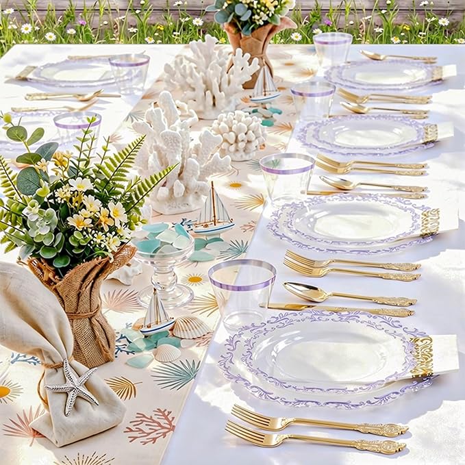 PULOTE 175PCS Purple Plastic Plates - Clear Plastic with Purple Rim - Include 25 Each (Dinner & Dessert) Plates, 25 Guests Cutlery, 25 Cups, 25 Napkins for Party & Spring